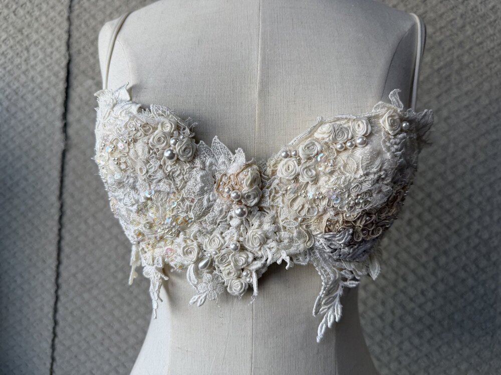 Beaded Bustier Bra Top Ivory Floral Sleeveless Sequin Womens Underwire Padded